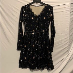 Moon and stars velvety black dress with lace trim